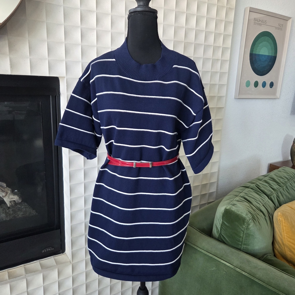 P. Cill Navy White Stripe Short Sleeve Viscose Mini Dress Small Oversized